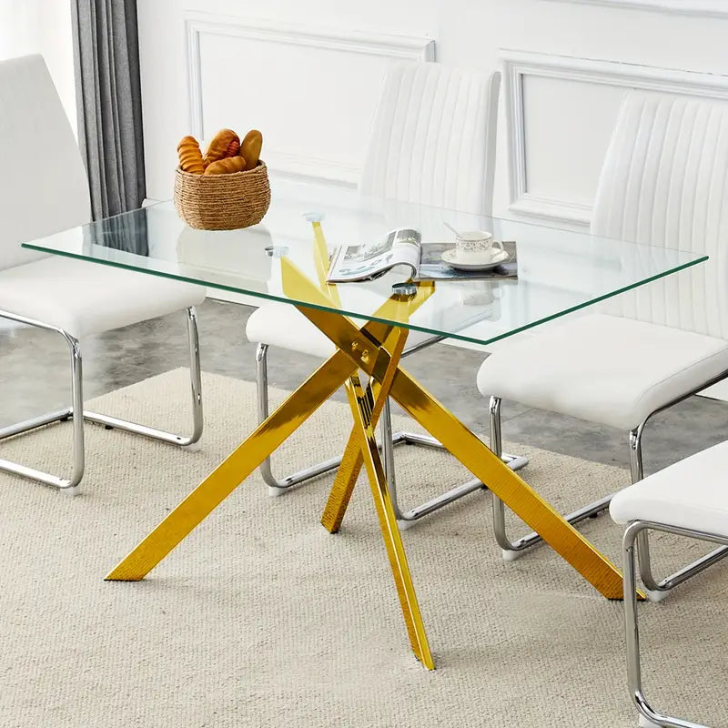 Classic Rectangular Glass Dining Table - Clear Tempered 51.18" with Golden Metal Legs