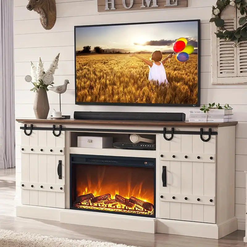Fireplace TV Stand For 75 - 80 Inch TV, Farmhouse Entertainment Center With Sliding Barn Doors