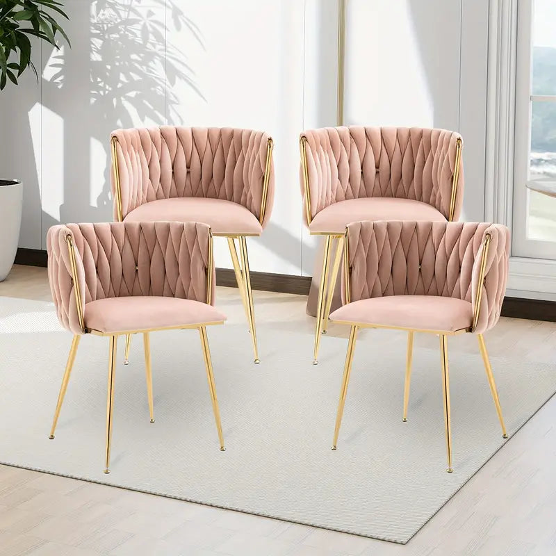 Velvet Dining Chairs Set Of 4, Woven Upholstered Dining Chairs With Golden Metal Legs,