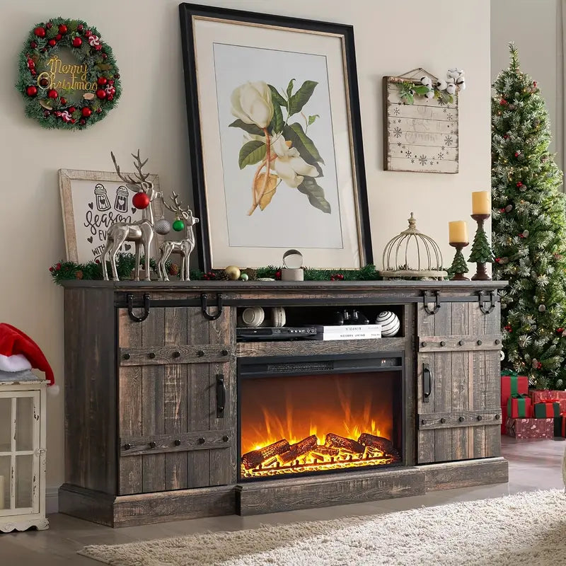 Fireplace TV Stand For 75 - 80 Inch TV, Farmhouse Entertainment Center With Sliding Barn Doors