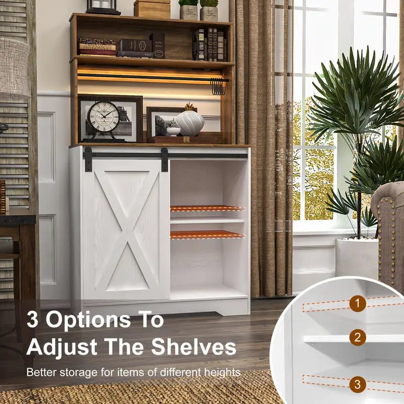 Coffee Bar Cabinet, Indoor Sideboard with 3 Tiers Of Storage And 6 Hook