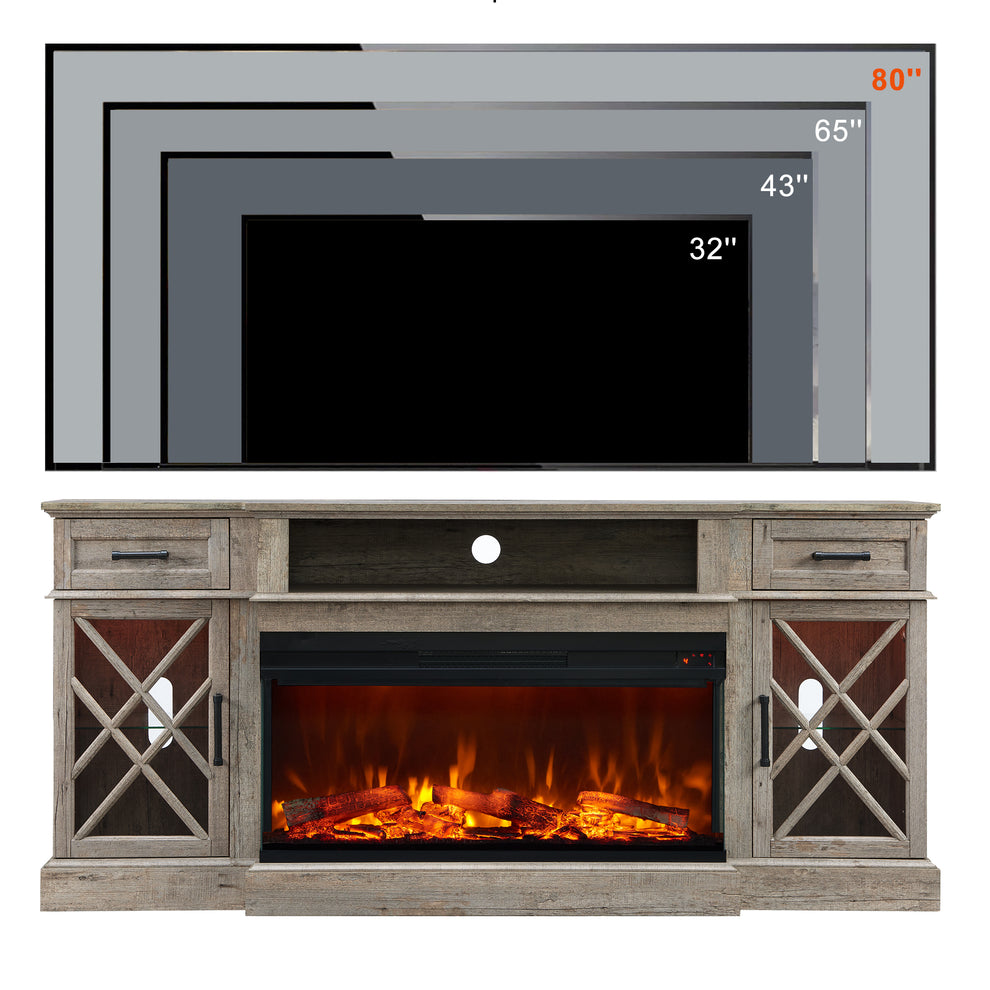 3-Sided Glass Farmhouse Fireplace TV Stand For TVs Up To 80''