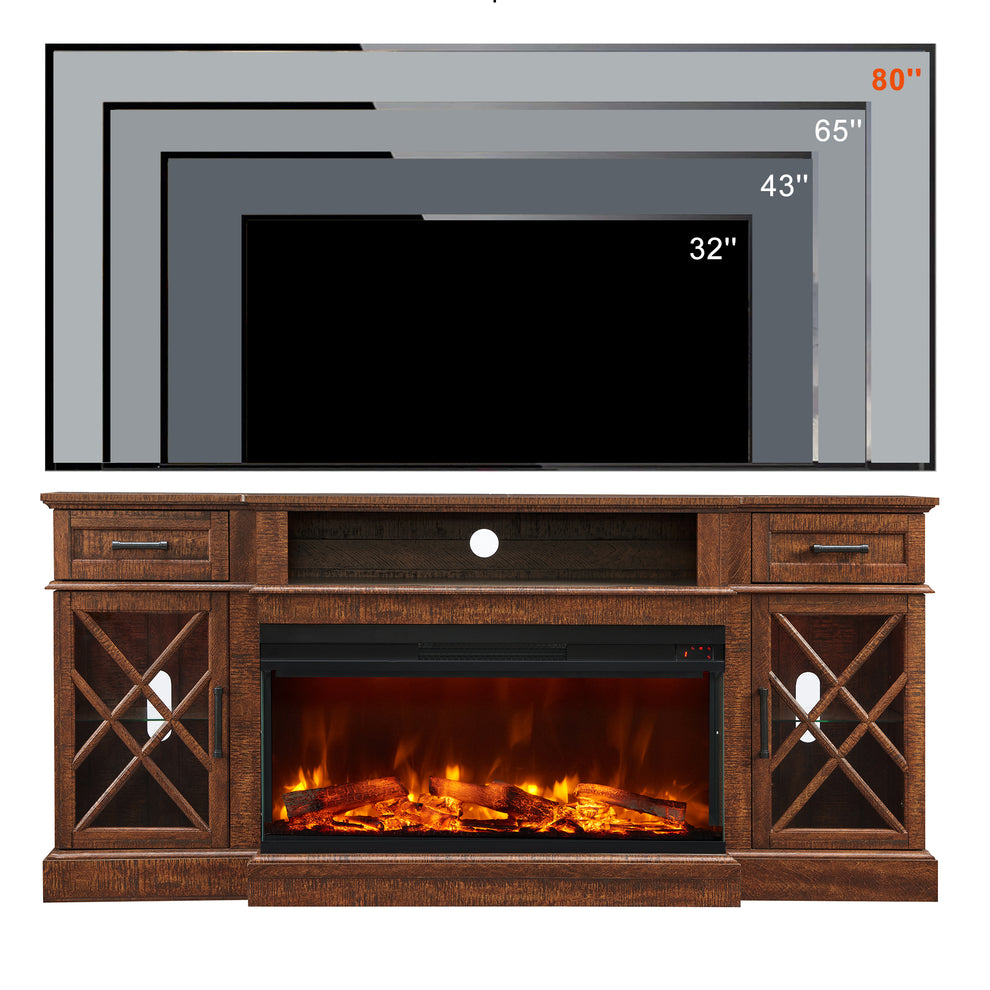 3-Sided Glass Farmhouse Fireplace TV Stand For TVs Up To 80''