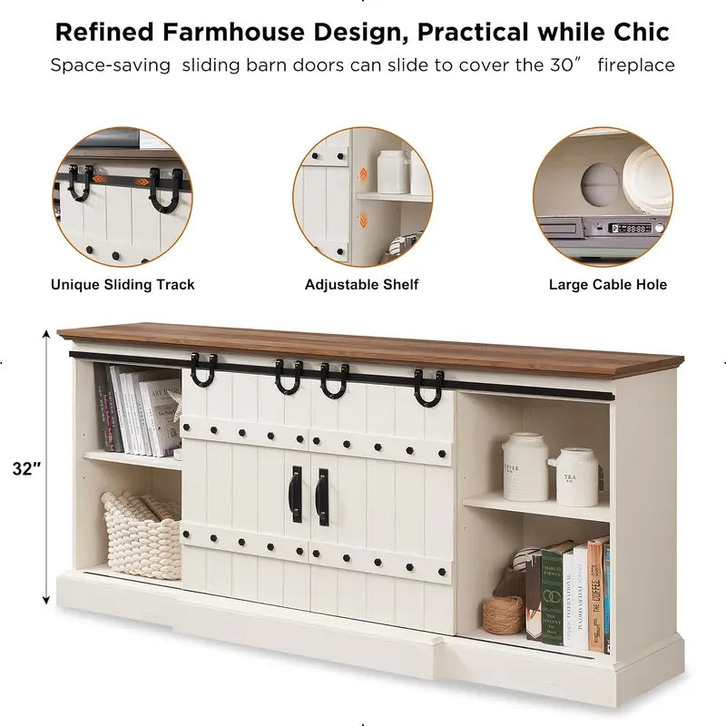 Fireplace TV Stand For 75 - 80 Inch TV, Farmhouse Entertainment Center With Sliding Barn Doors