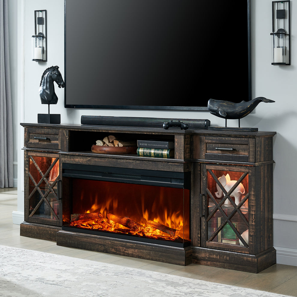 3-Sided Glass Farmhouse Fireplace TV Stand For TVs Up To 80''