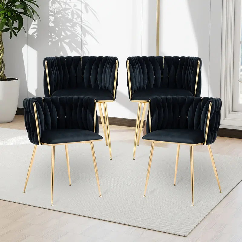 Velvet Dining Chairs Set Of 4, Woven Upholstered Dining Chairs With Golden Metal Legs,