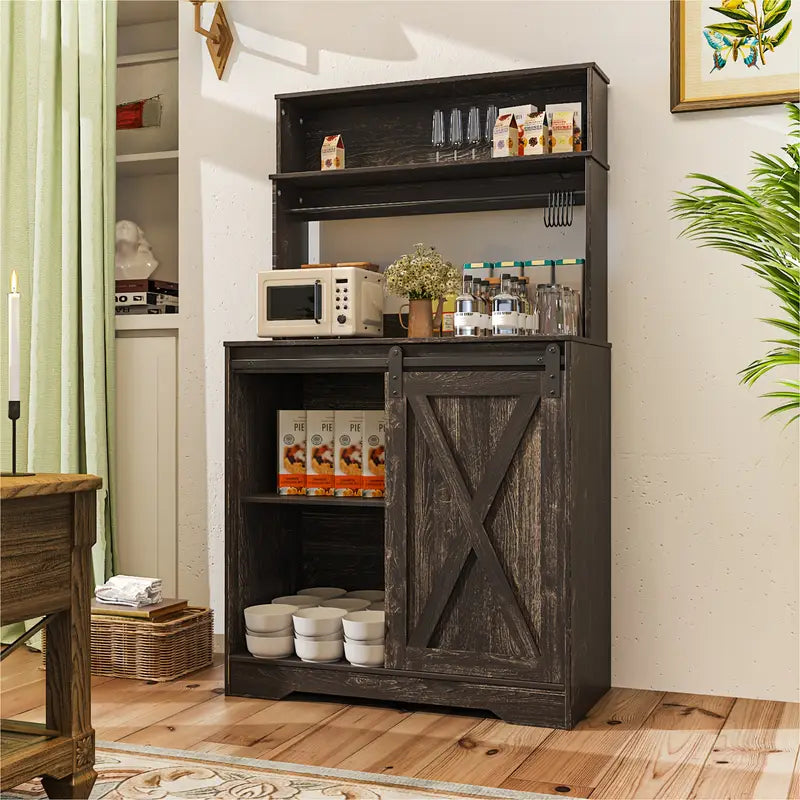 Coffee Bar Cabinet, Indoor Sideboard with 3 Tiers Of Storage And 6 Hook