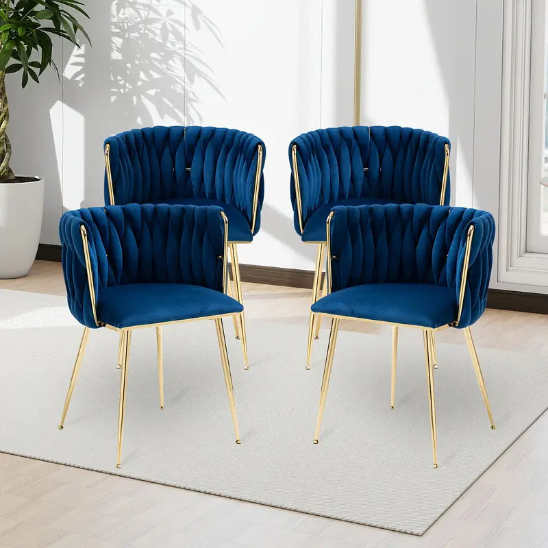 Velvet Dining Chairs Set Of 4, Woven Upholstered Dining Chairs With Golden Metal Legs,