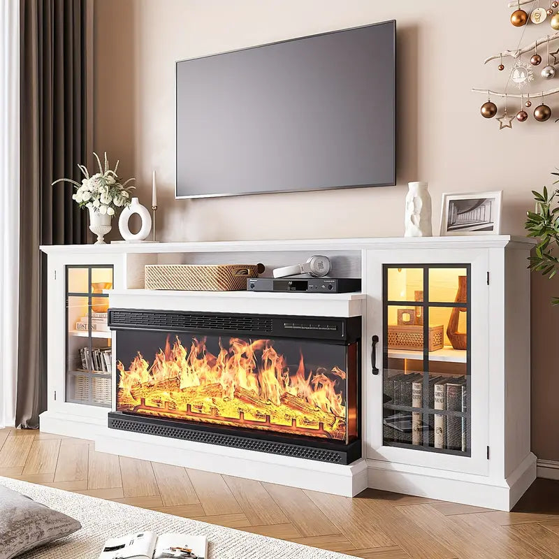 36-Inch Triple-Sided Glass Fireplace TV Stand, Suitable for TVs Under 80 Inches with Storage Cabinet and Glass Door