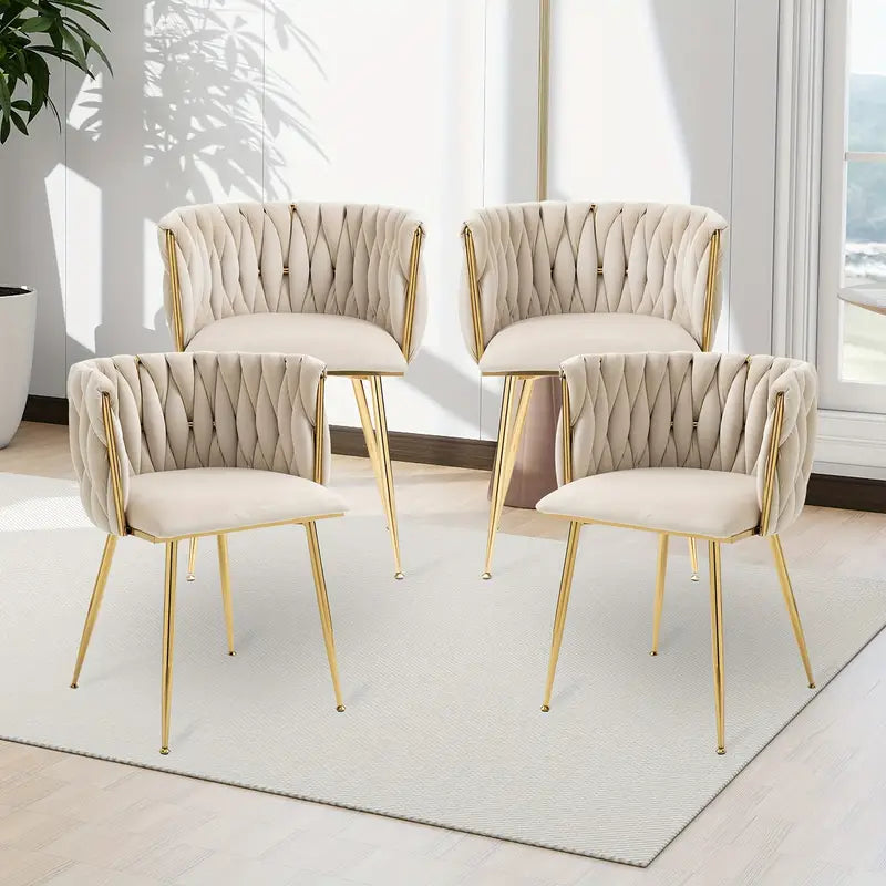 Velvet Dining Chairs Set Of 4, Woven Upholstered Dining Chairs With Golden Metal Legs,