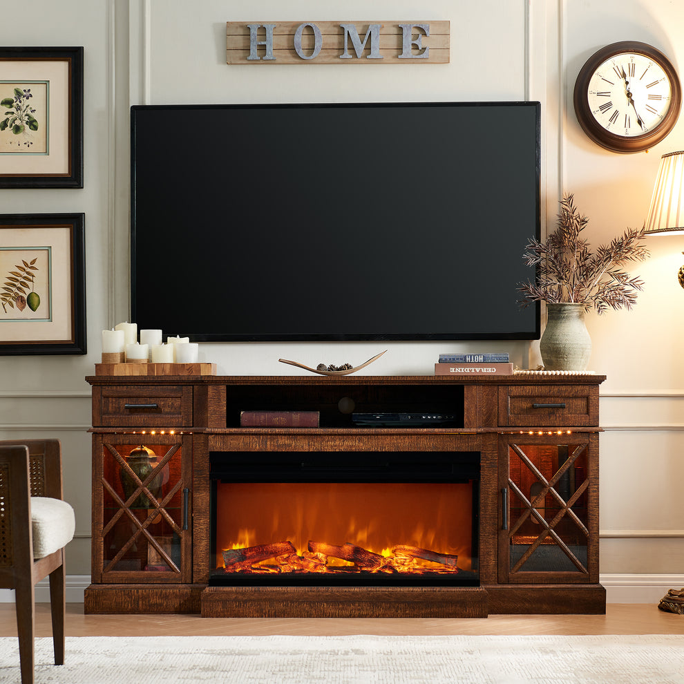 3-Sided Glass Farmhouse Fireplace TV Stand For TVs Up To 80''