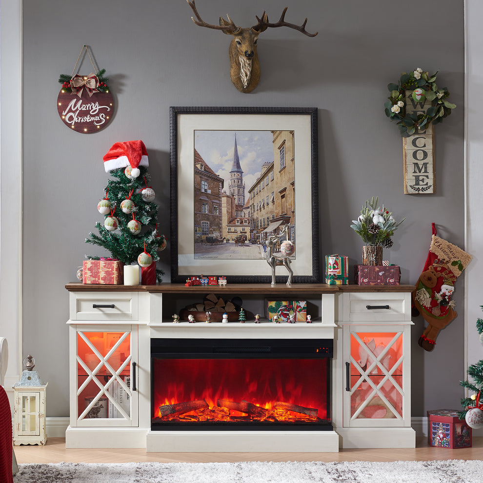 3-Sided Glass Farmhouse Fireplace TV Stand For TVs Up To 80''