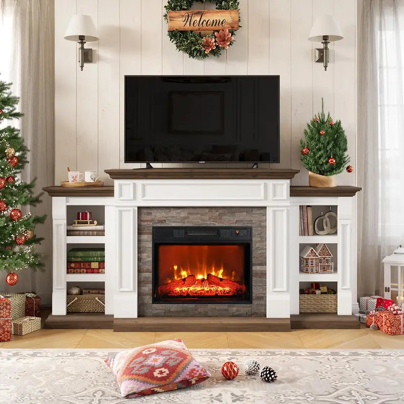 72" Electric Fireplace with Mantel, Modern Fireplace TV Stand for TVs Up to 80"