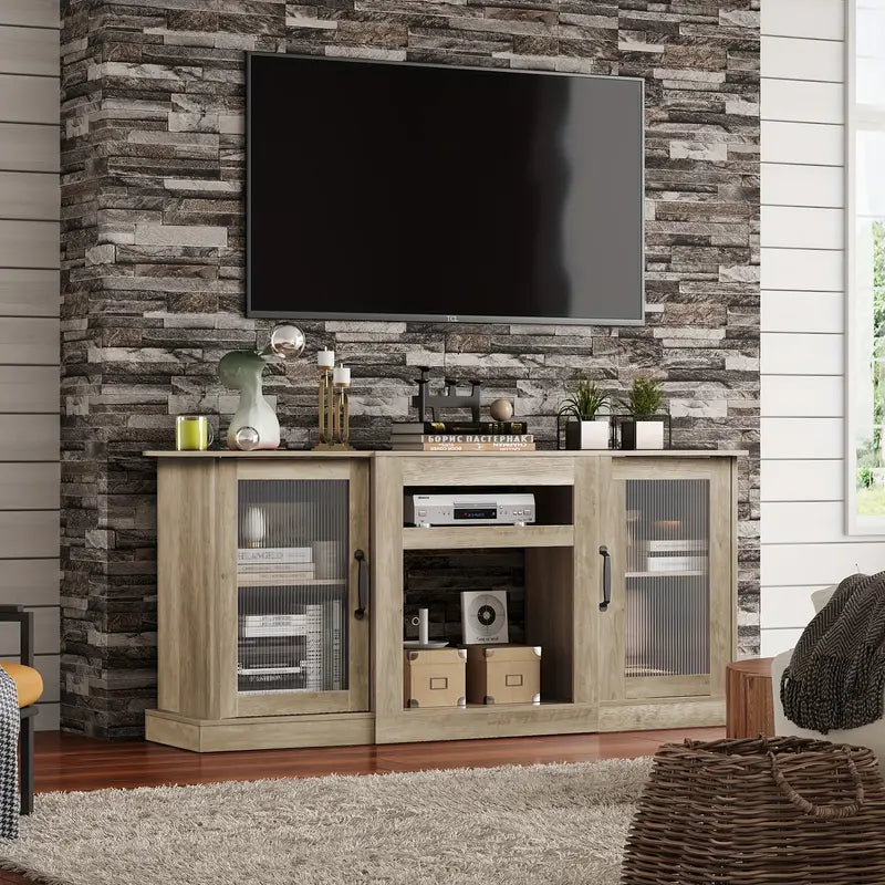 Retro TV Stand for 65 Inch TV, TV Console Cabinet with Storage, Open Shelves Entertainment Center for Living Room.
