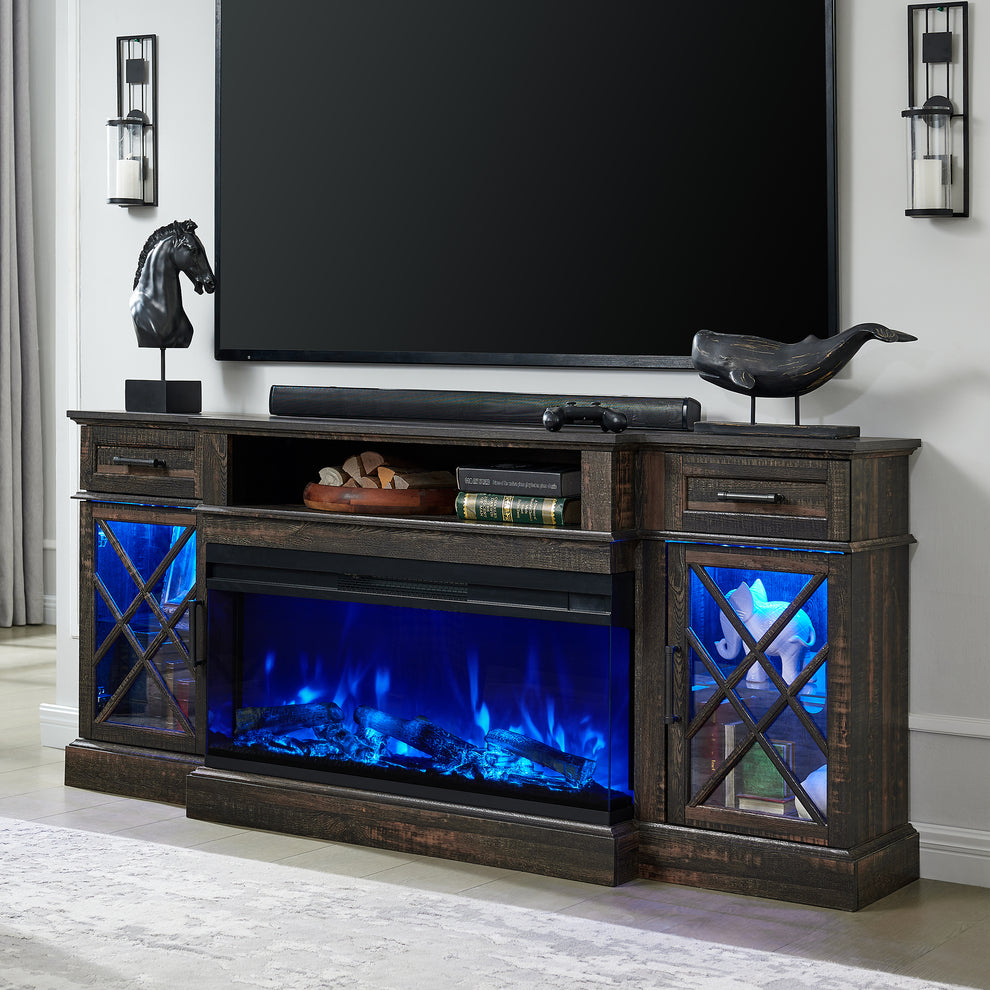 3-Sided Glass Farmhouse Fireplace TV Stand For TVs Up To 80''