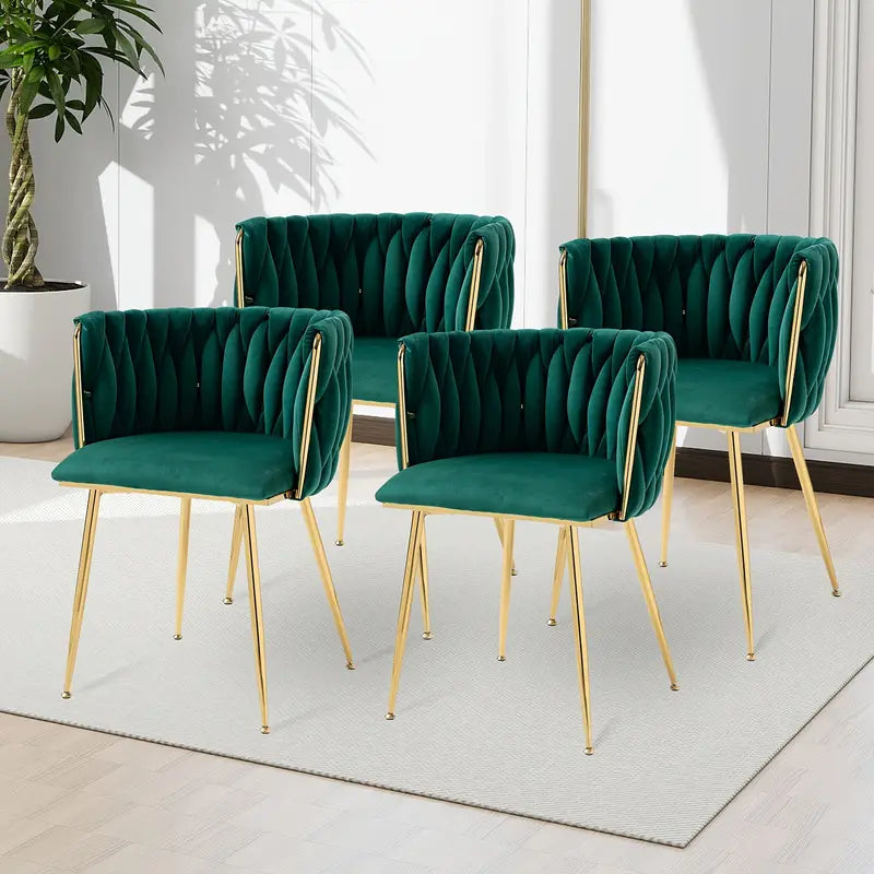 Velvet Dining Chairs Set Of 4, Woven Upholstered Dining Chairs With Golden Metal Legs,