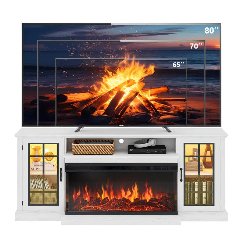 36-Inch Triple-Sided Glass Fireplace TV Stand, Suitable for TVs Under 80 Inches with Storage Cabinet and Glass Door