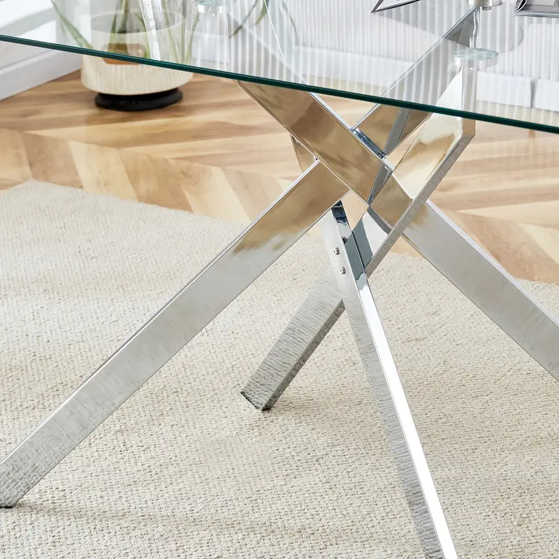 Classic Rectangular Glass Dining Table - Clear Tempered 51.18" with Golden Metal Legs