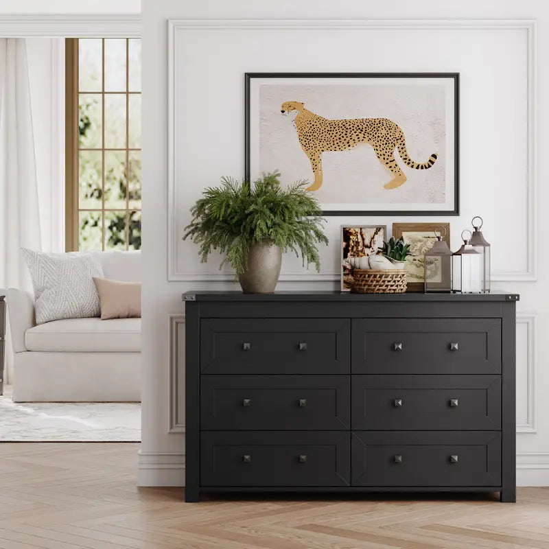 Modern 6-drawer wide wooden dresser