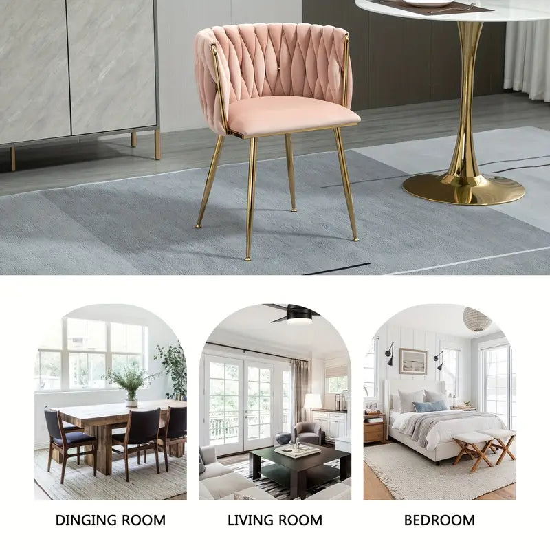 Velvet Dining Chairs Set Of 4, Woven Upholstered Dining Chairs With Golden Metal Legs,