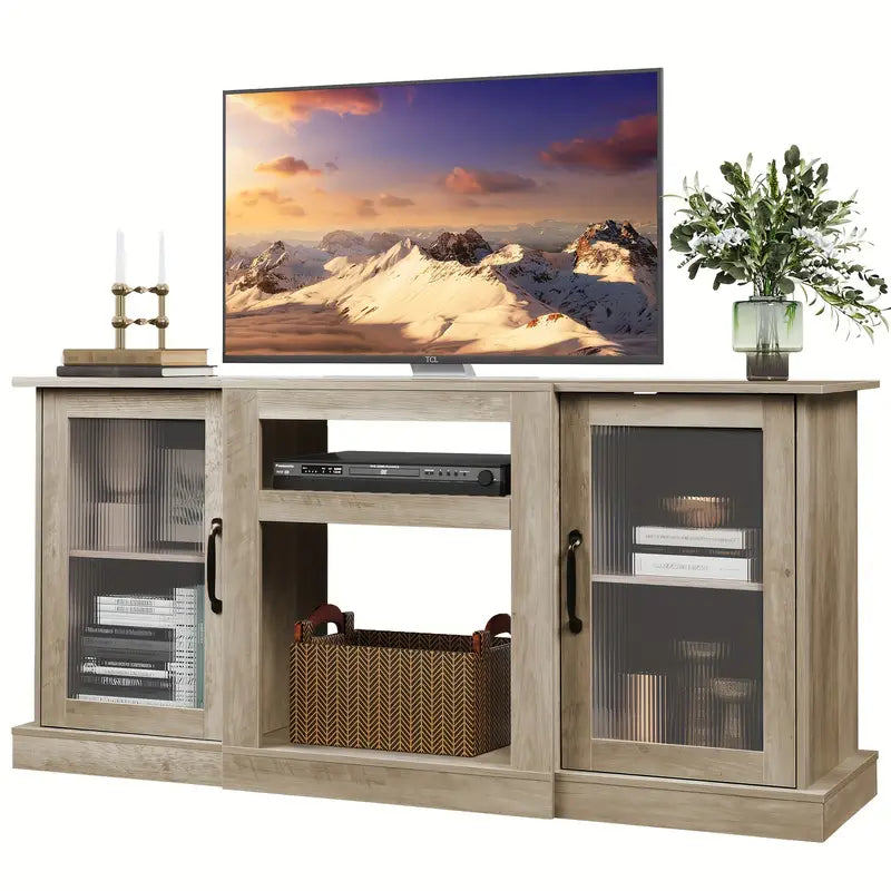 Retro TV Stand for 65 Inch TV, TV Console Cabinet with Storage, Open Shelves Entertainment Center for Living Room.