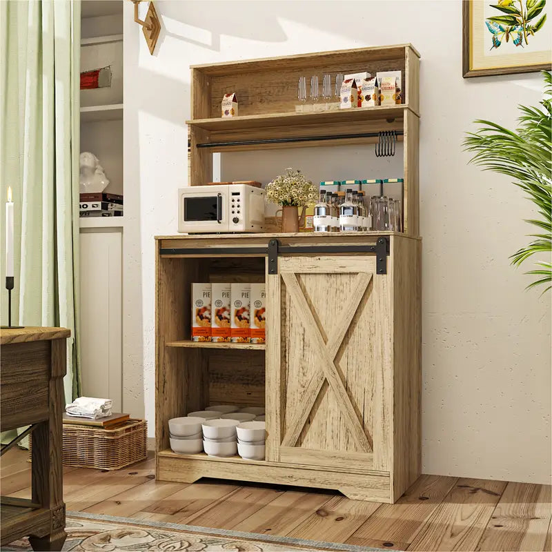 Coffee Bar Cabinet, Indoor Sideboard with 3 Tiers Of Storage And 6 Hook