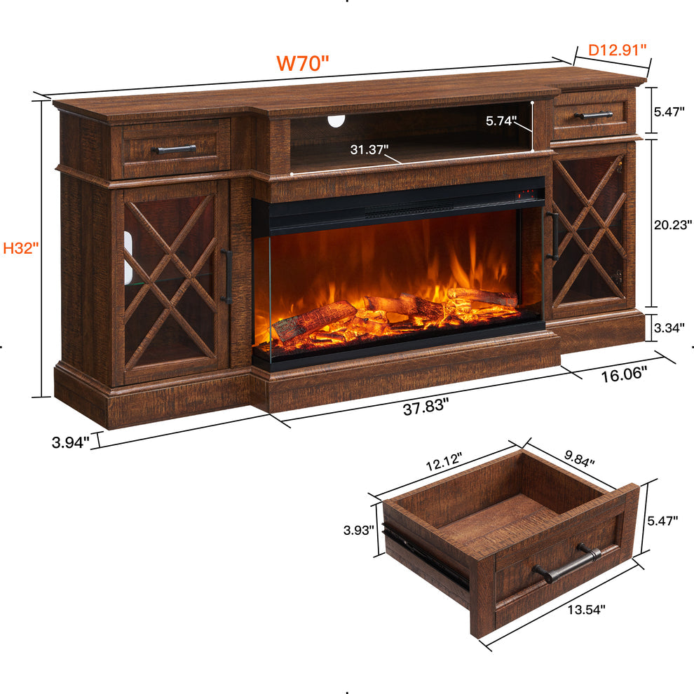 3-Sided Glass Farmhouse Fireplace TV Stand For TVs Up To 80''