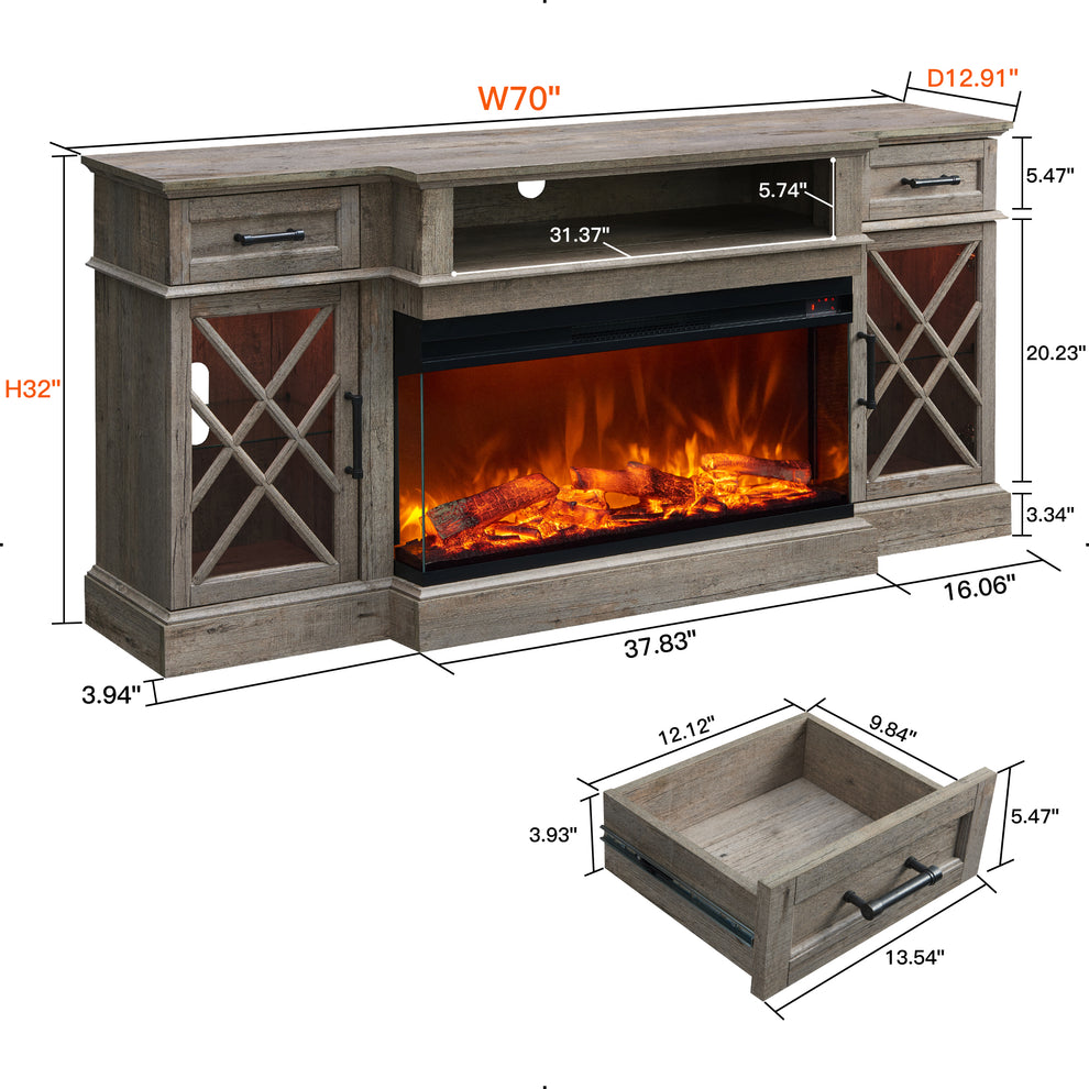 3-Sided Glass Farmhouse Fireplace TV Stand For TVs Up To 80''