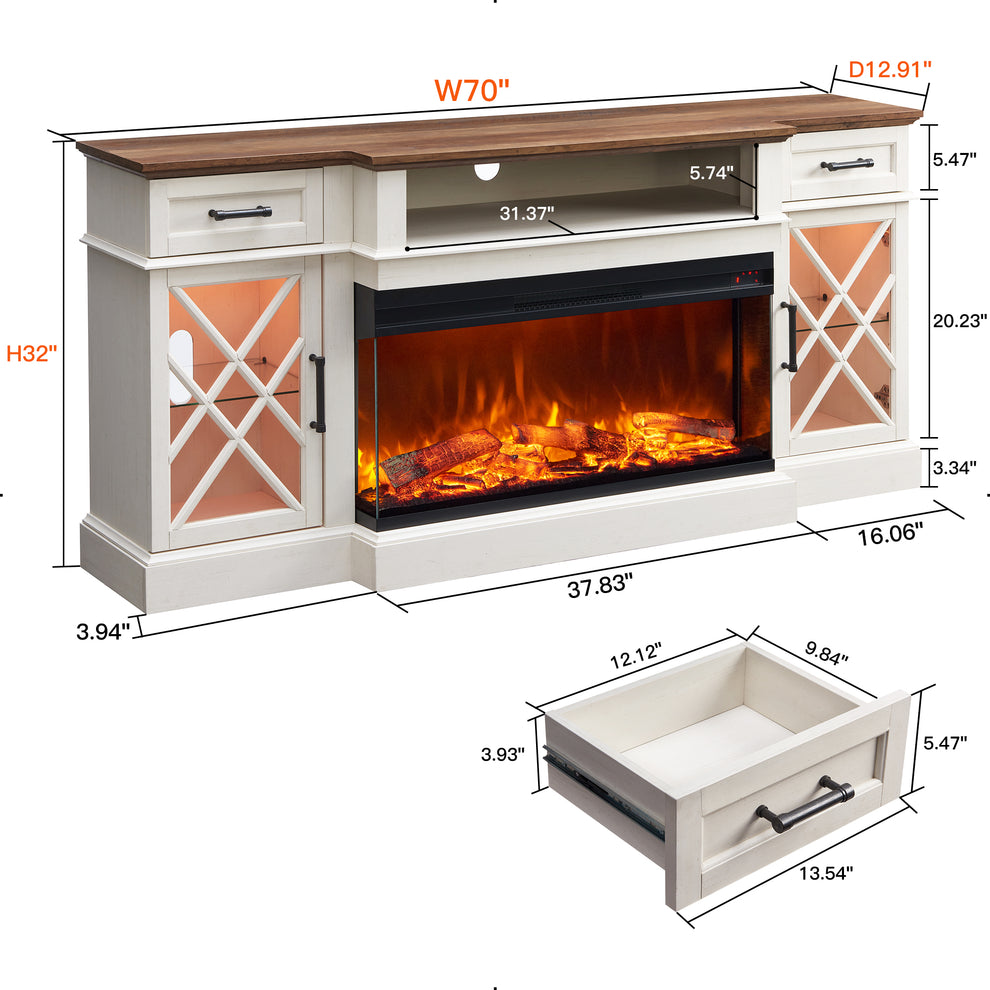 3-Sided Glass Farmhouse Fireplace TV Stand For TVs Up To 80''