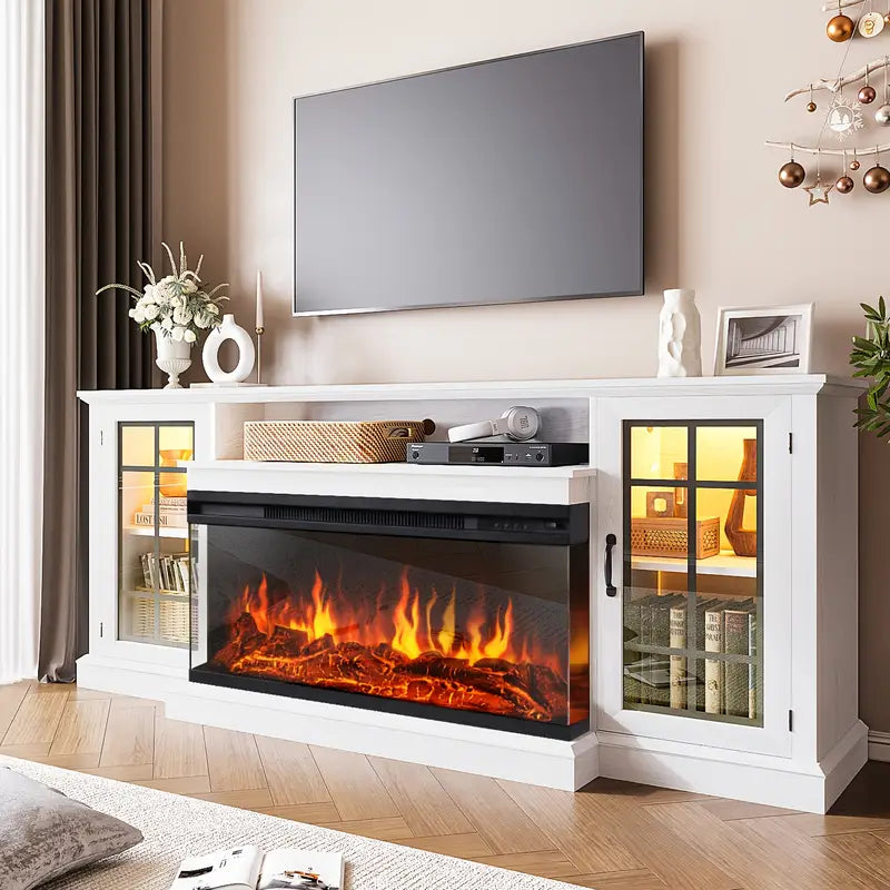 36-Inch Triple-Sided Glass Fireplace TV Stand, Suitable for TVs Under 80 Inches with Storage Cabinet and Glass Door
