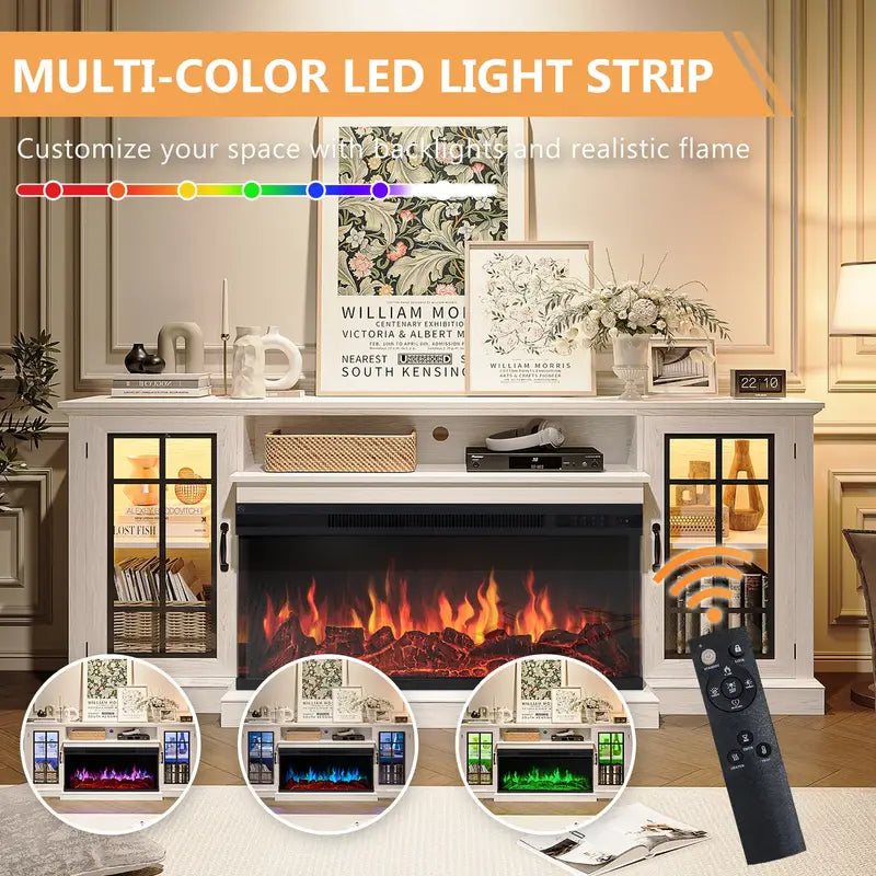 36-Inch Triple-Sided Glass Fireplace TV Stand, Suitable for TVs Under 80 Inches with Storage Cabinet and Glass Door