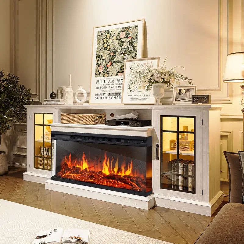 36-Inch Triple-Sided Glass Fireplace TV Stand, Suitable for TVs Under 80 Inches with Storage Cabinet and Glass Door