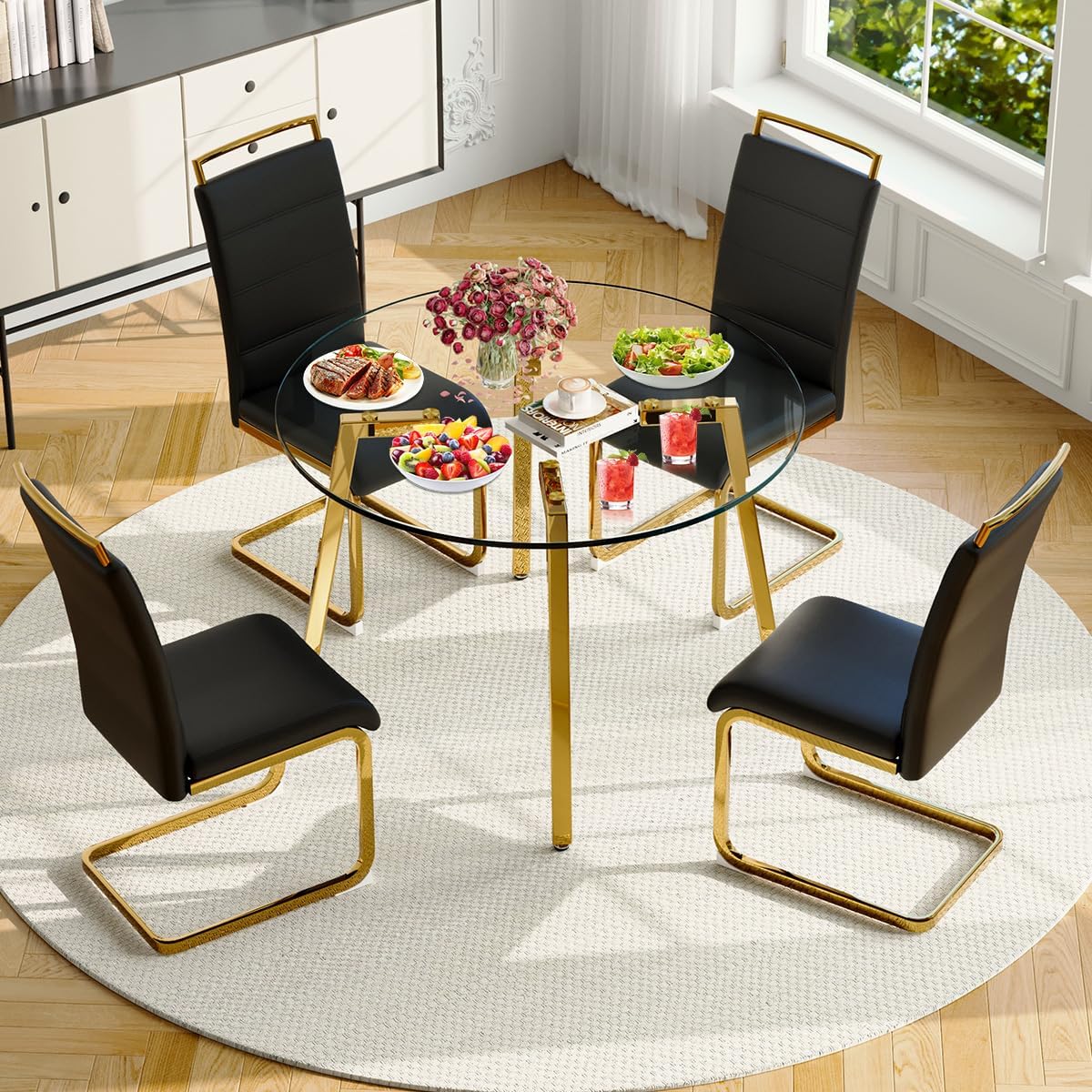 5-Piece Round Glass Dining Set for Four