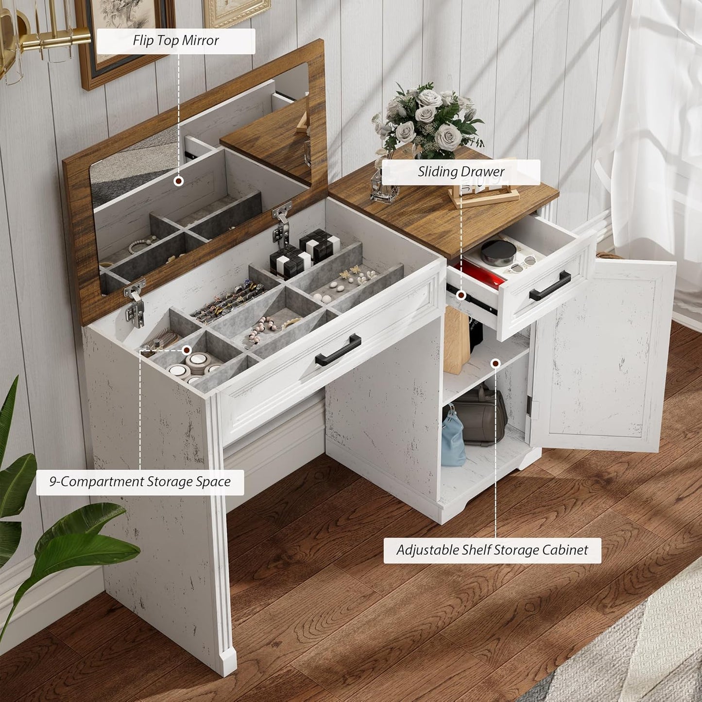 Farmhouse Vanity Desk with Flip Mirror – 43.3"