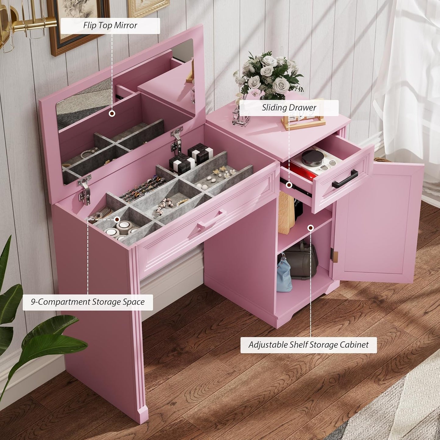 Farmhouse Vanity Desk with Flip Mirror – 43.3"
