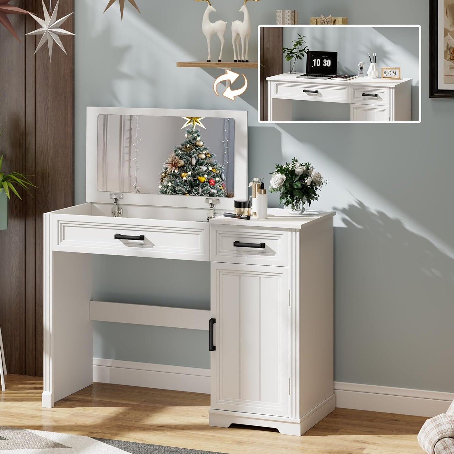 Farmhouse Vanity Desk with Flip Mirror – 43.3"