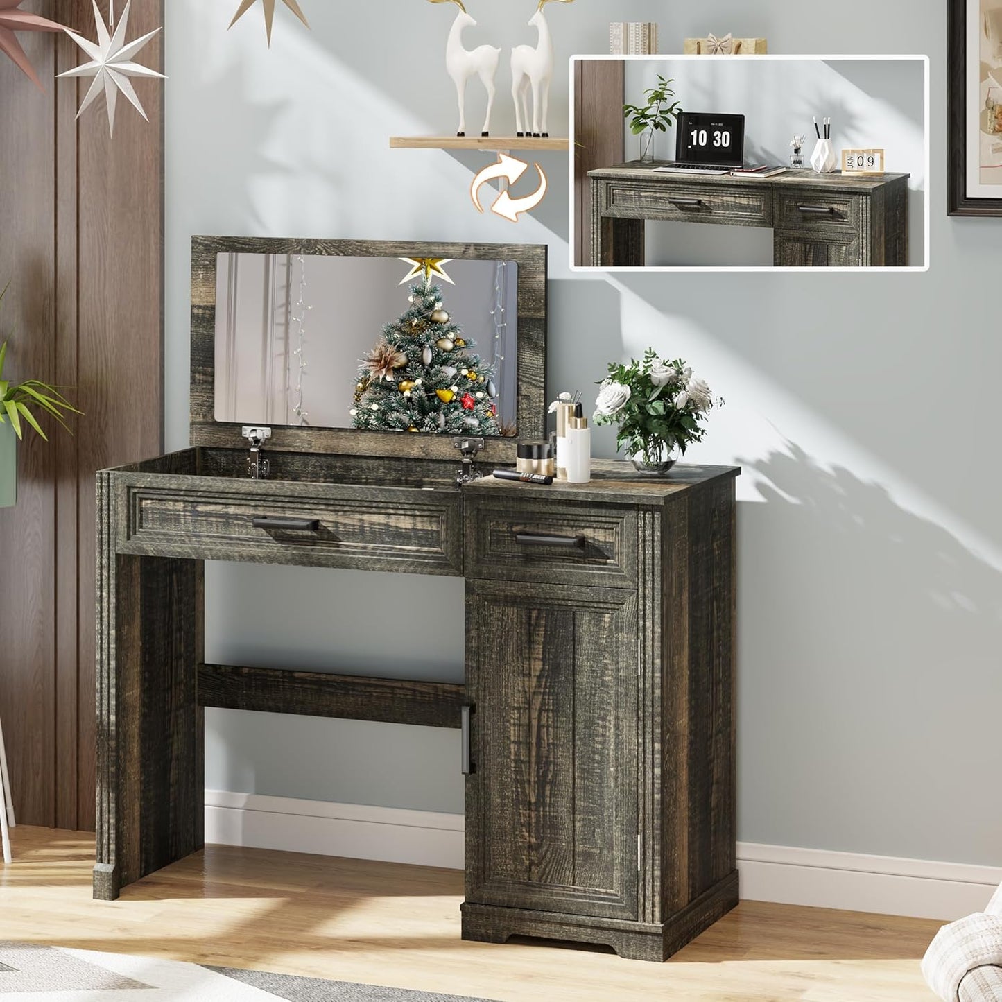 Farmhouse Vanity Desk with Flip Mirror – 43.3"