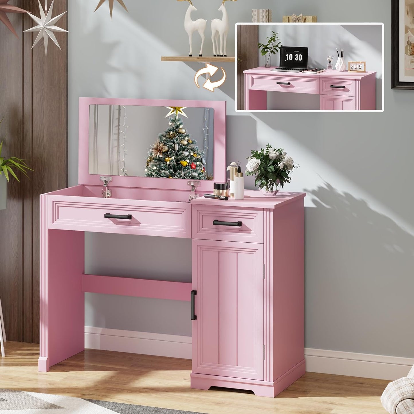 Farmhouse Vanity Desk with Flip Mirror – 43.3"