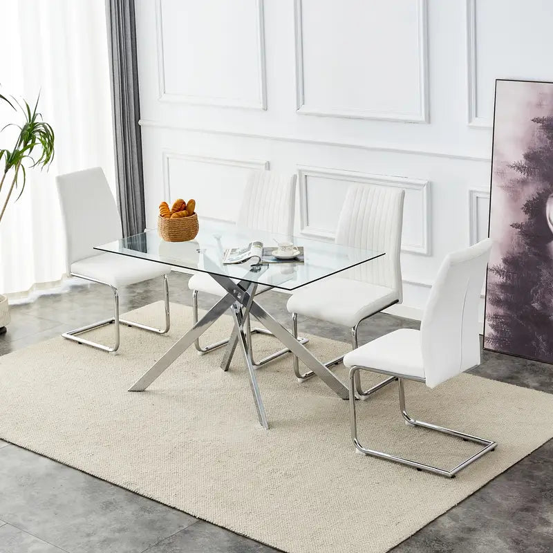 Classic Rectangular Glass Dining Table - Clear Tempered 51.18" with Golden Metal Legs