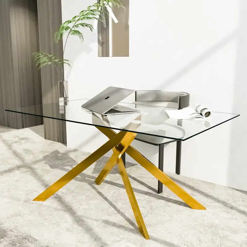 Classic Rectangular Glass Dining Table - Clear Tempered 51.18" with Golden Metal Legs