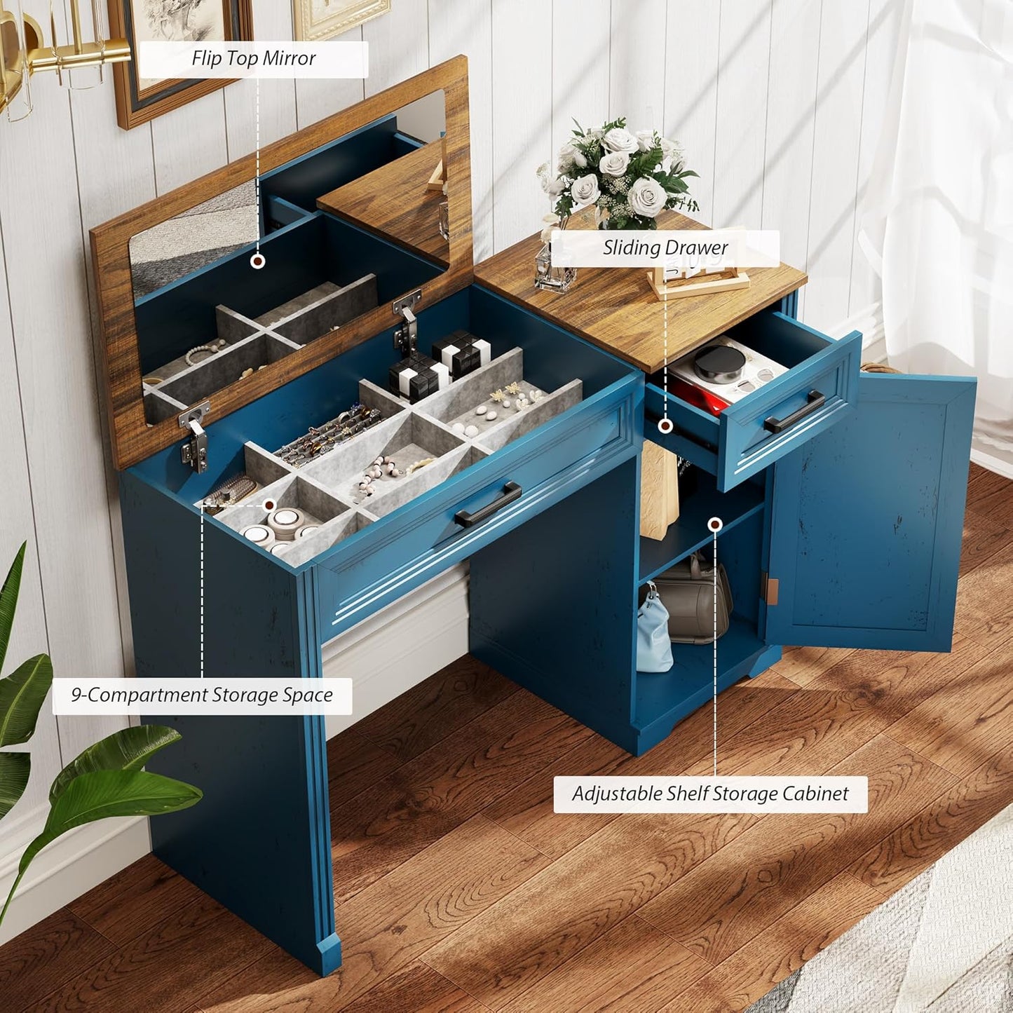 Farmhouse Vanity Desk with Flip Mirror – 43.3"