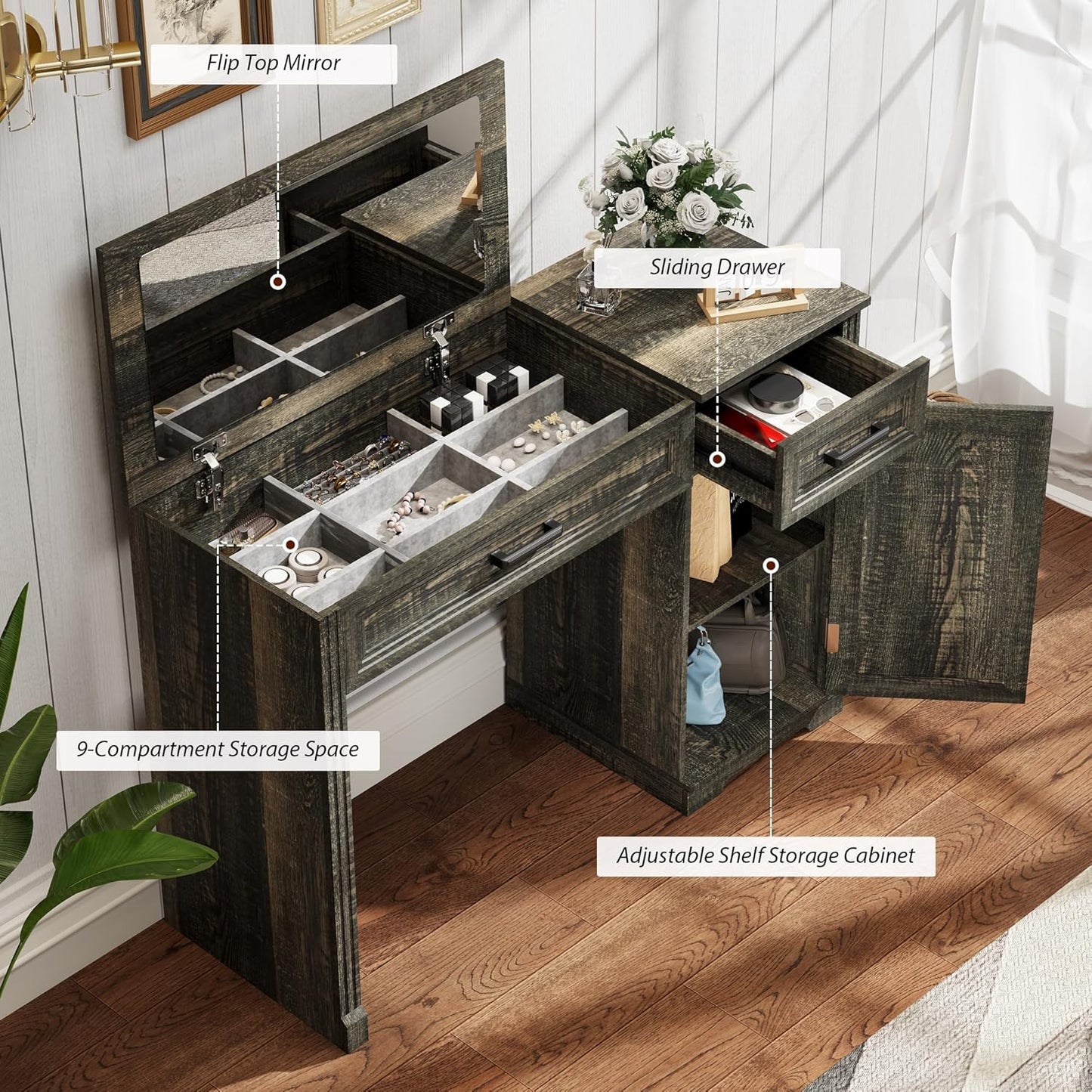 Farmhouse Vanity Desk with Flip Mirror – 43.3"