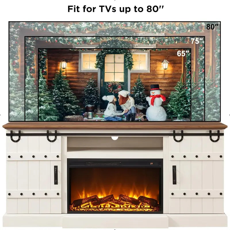 Fireplace TV Stand For 75 - 80 Inch TV, Farmhouse Entertainment Center With Sliding Barn Doors