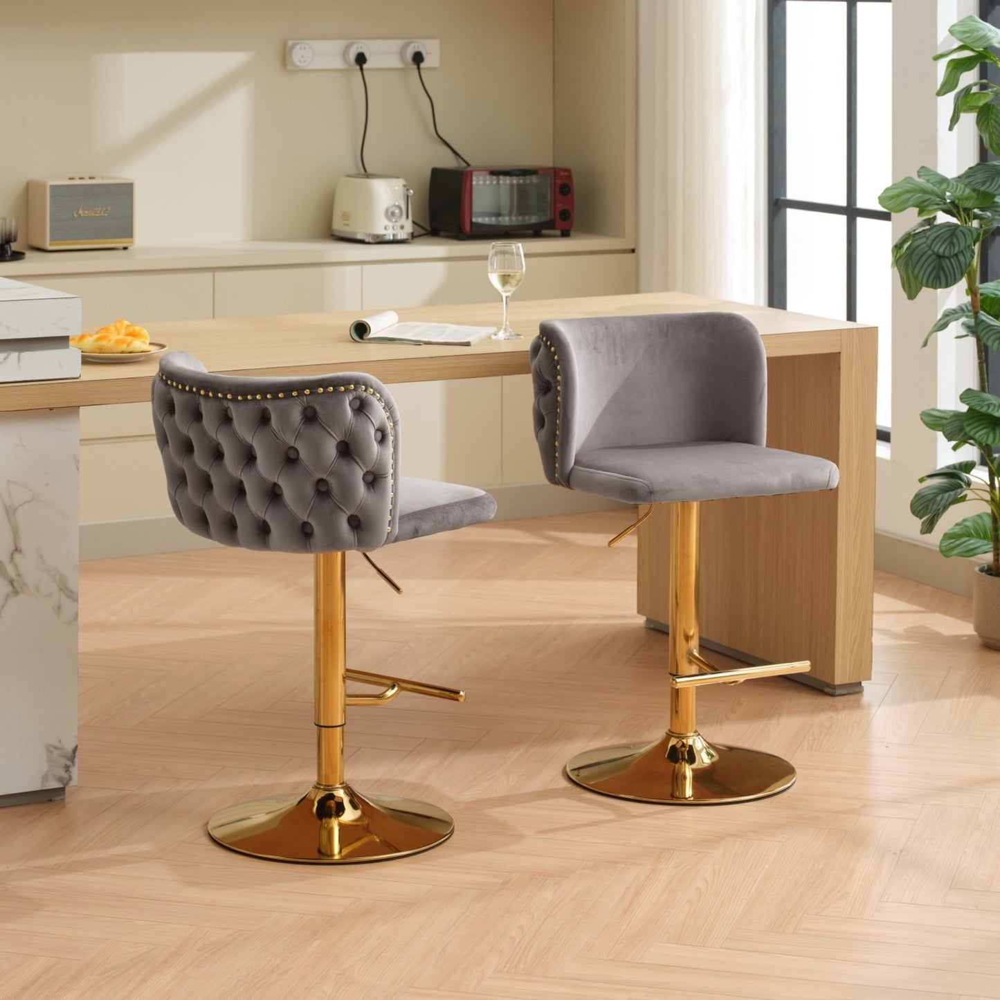 Velvet Swivel Counter Height Stools Set Of 2 Fabric Upholstered Bar Stool Adjustable