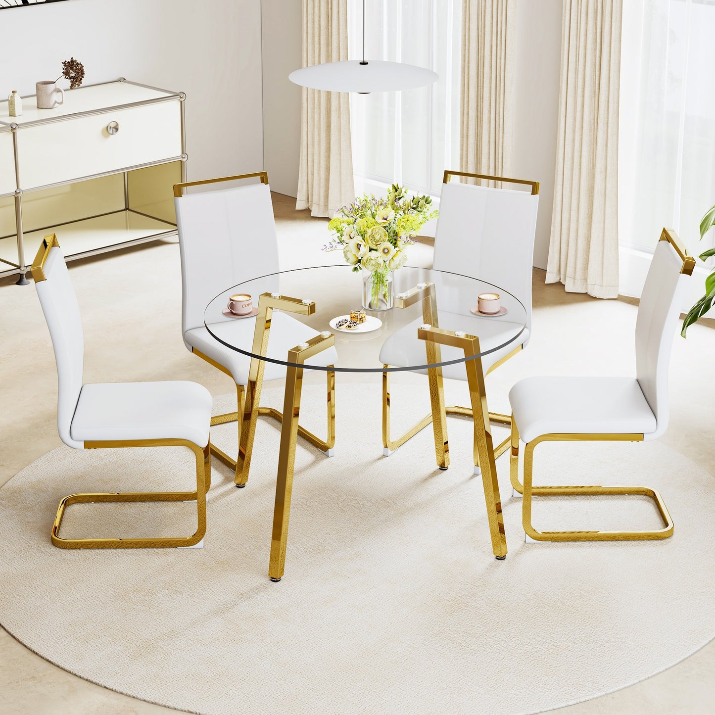 5-Piece Round Glass Dining Set for Four