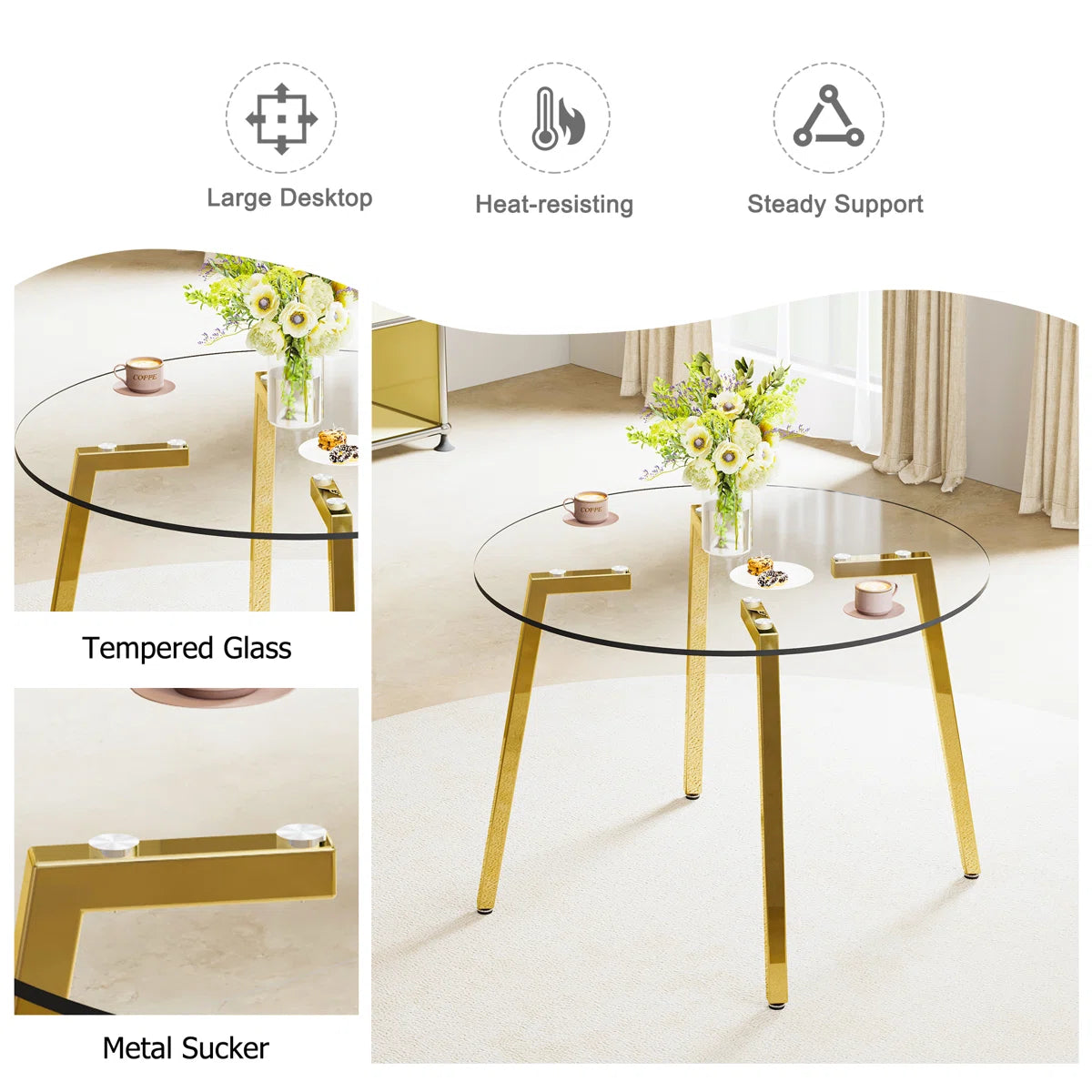 5-Piece Round Glass Dining Set for Four