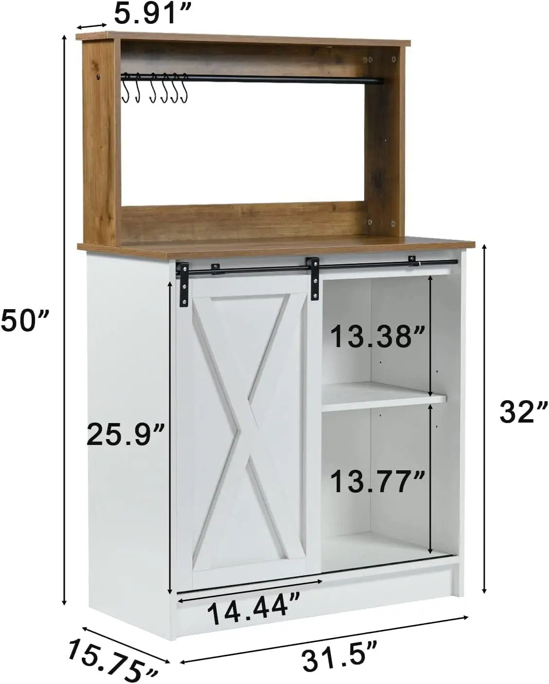 Farmhouse Coffee Bar Cabinet with 6 Hooks, with Storage and barn door.