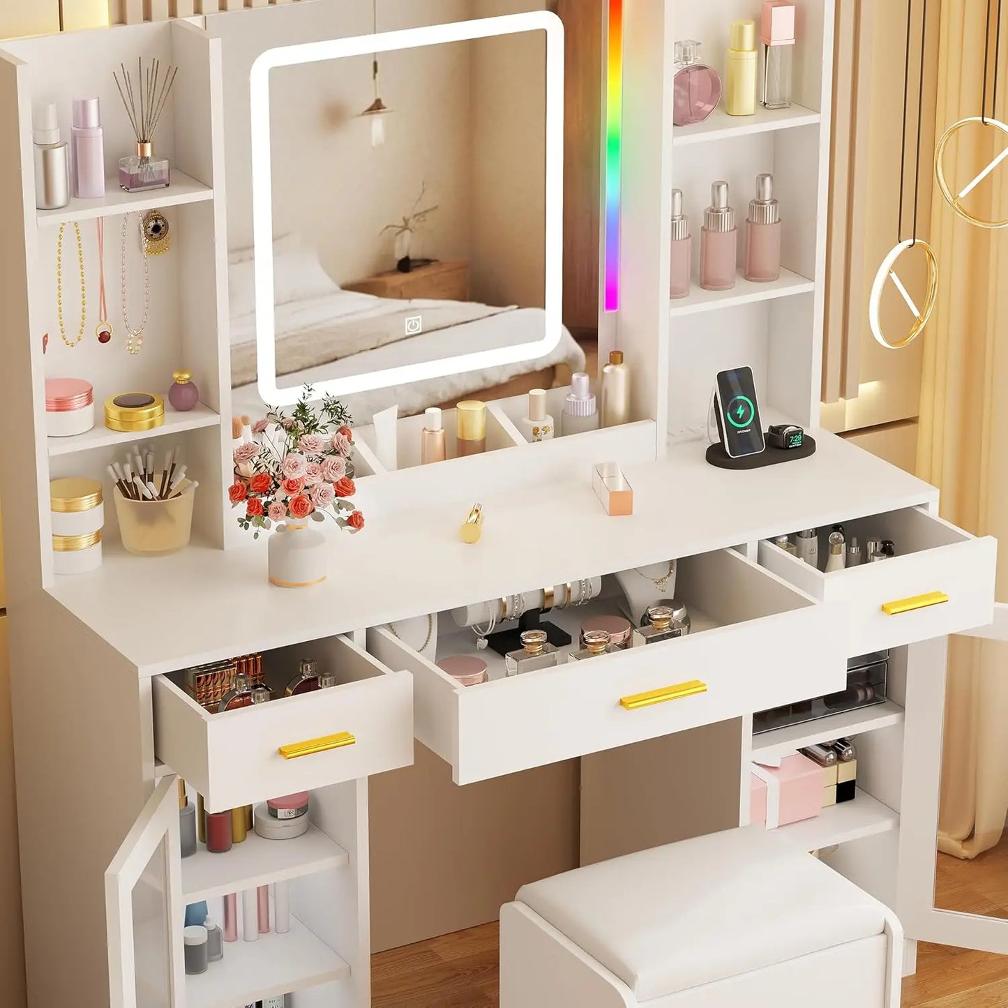 Vanity Desk with Mirror and Lights