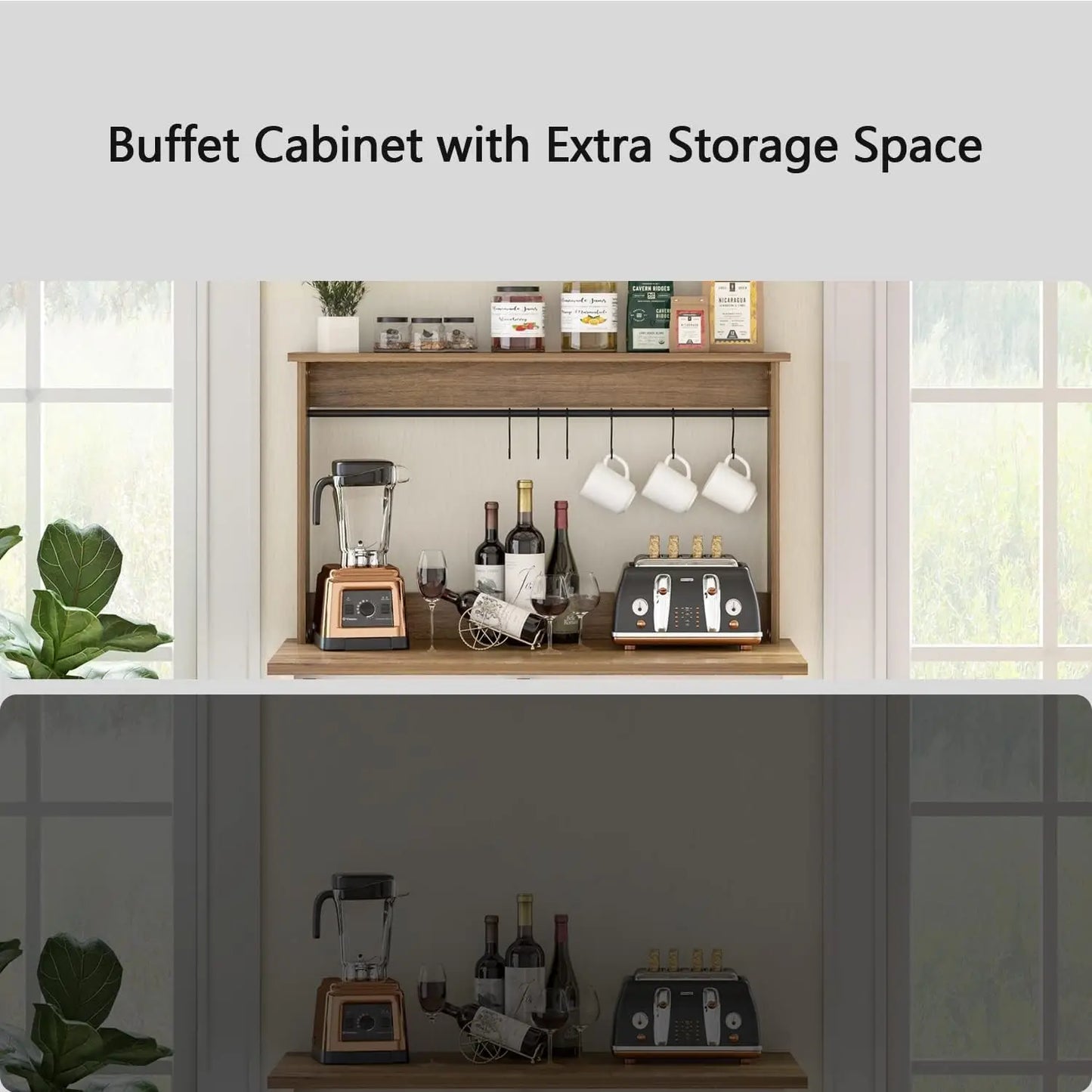 Farmhouse Coffee Bar Cabinet with 6 Hooks, with Storage and barn door.