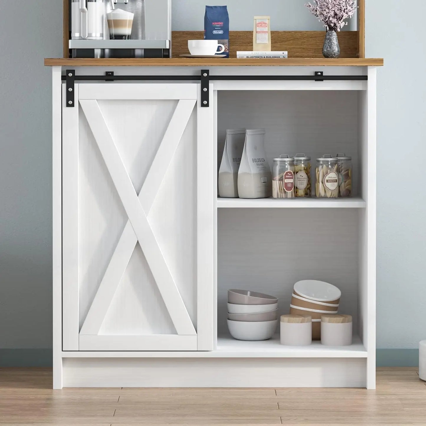 Farmhouse Coffee Bar Cabinet with 6 Hooks, with Storage and barn door.